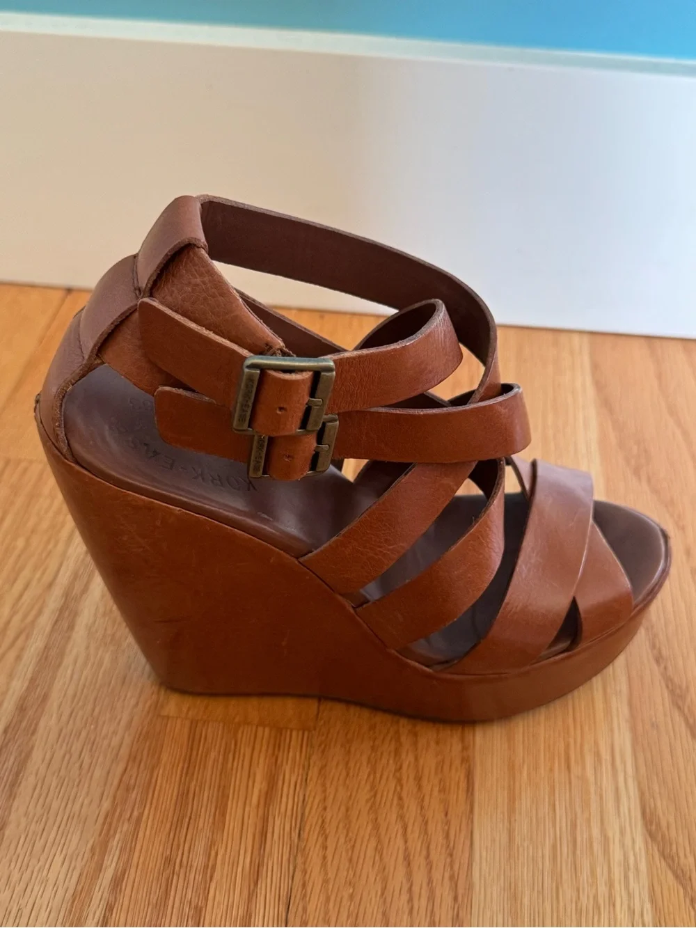 Kork-Ease Tan Brown Leather Crisscross Wedge Sandals